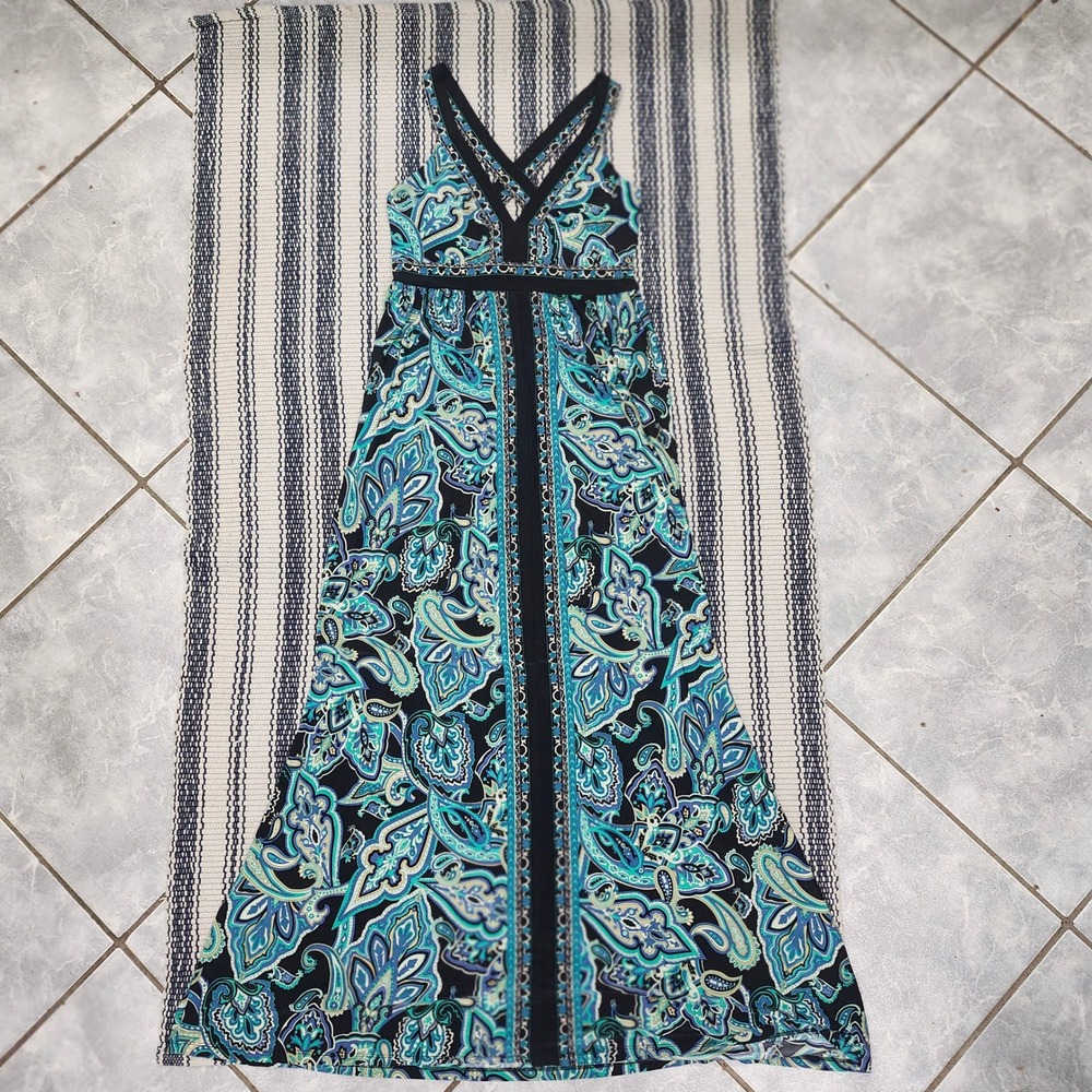 INC‎ International Concepts Teal Paisley Maxi Dress Womens S Cross Back V-Neck